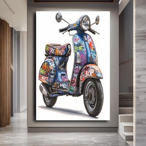 Vintage Graffiti Scooter Canvas Art – Unique Wall Art for Home Decor, Retro Motorcycle Print, Modern Urban Canvas