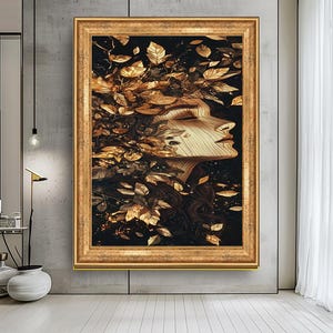 Golden Leaves Woman Profile Canvas Art | Nature-Inspired Abstract Wall Decor | Elegant Botanical Portrait | Autumn Fantasy Art Print