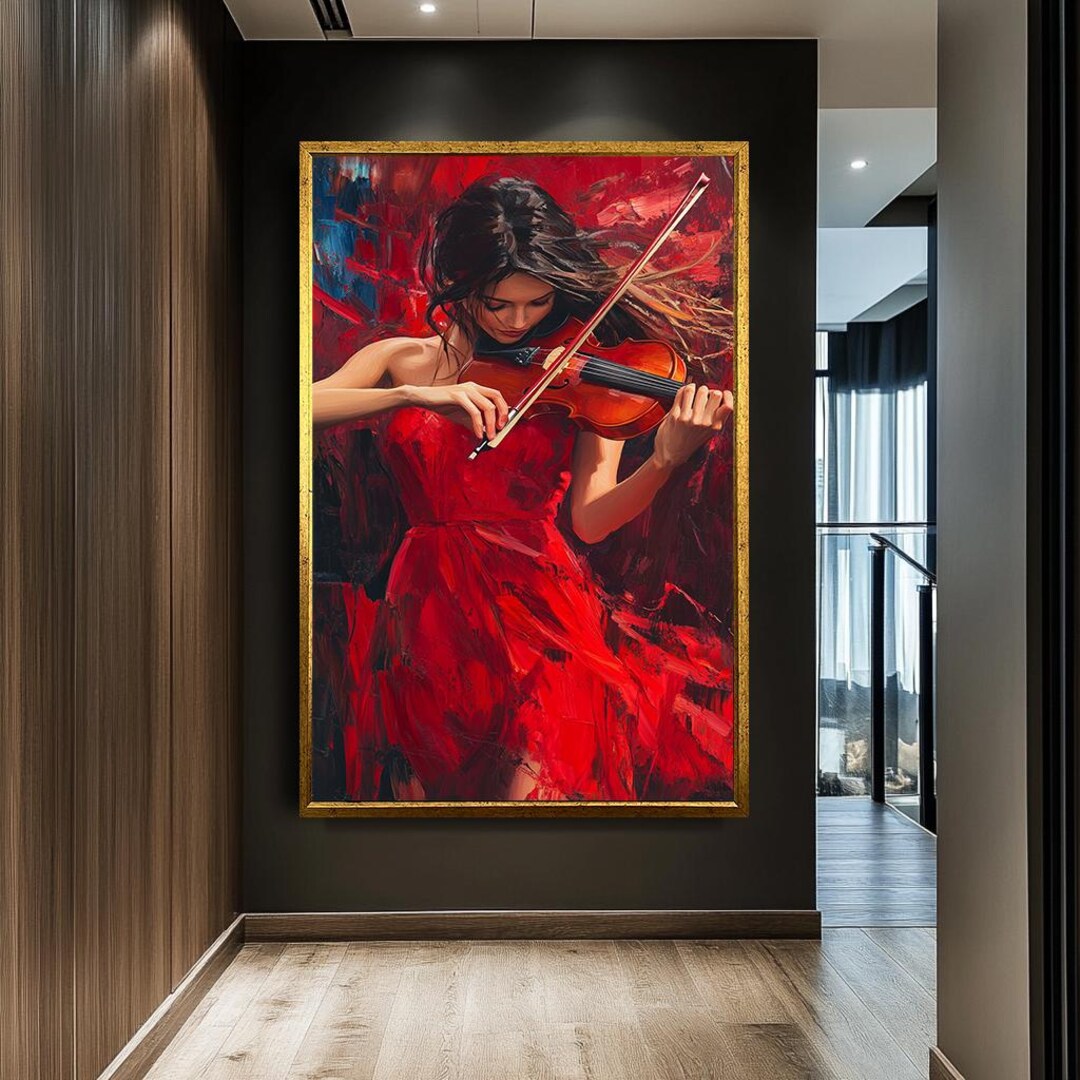 Elegant Woman Playing Violin Art, Passionate Musician in Red Dress ...