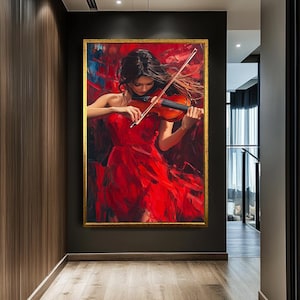 Elegant Woman Playing Violin Art, Passionate Musician in Red Dress, Dynamic Violinist Portrait Canvas, Emotional Musical Wall Art