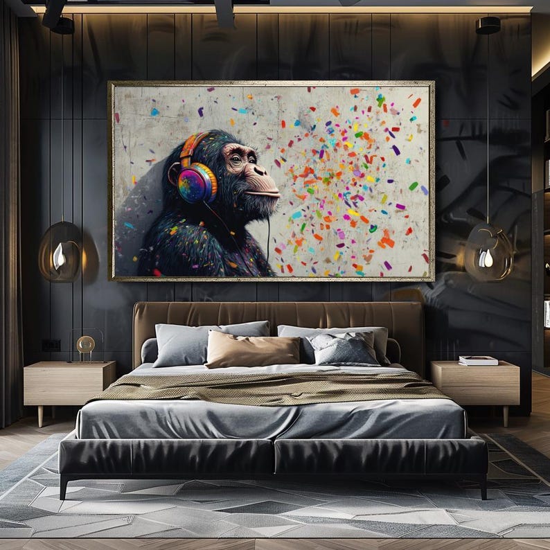 Colorful Monkey with Headphones Canvas Print, Modern Pop Art Wall Decor, Large Vibrant Animal Art, Fun Music-Themed Artwork for Living Room image 6