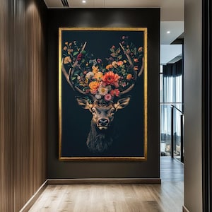 Floral Deer Head Canvas Wall Art, Nature-Inspired Decor with Flowers and Antlers, Modern Rustic Artwork for Living Room, Ready to Hang