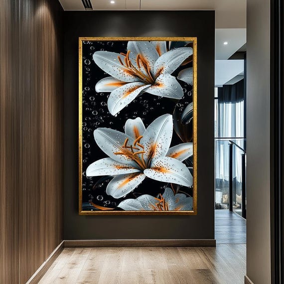 白いユリの花のキャンバスプリント、エレガントな植物画、モダンな白黒