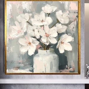 Witte magnolia canvas muurkunst - groot abstract bloemenschilderij - modern minimalistisch bloemenkunstwerk voor woonkamer, slaapkamer of kantoorinrichting