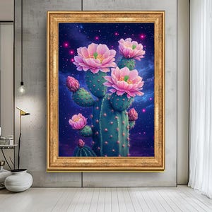 Cactus Flower Art Print, Neon Pink Floral Cactus Wall Art, Cosmic Desert Botanical Decor, Surreal Nature Canvas for Living Room or Bedroom