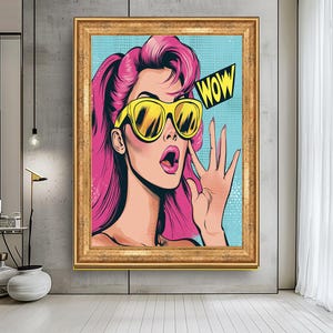 Pop Art WOW Girl Wall Art, Tela in Stile Fumetto Retrò, Ritratto Pop Art Vivace, Decorazione Audace e Divertente, Arte Moderna per la Casa
