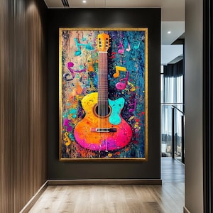 Colorful Guitar Wall Art, Abstract Music Canvas Print, Vibrant Acoustic Guitar Painting, Musical Decor for Home,Artistic Music Notes Artwork