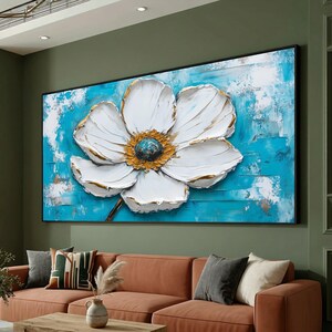 Arte en lienzo flor blanca, pintura abstracta sobre fondo azul, lienzo botánico moderno, decoración hogar