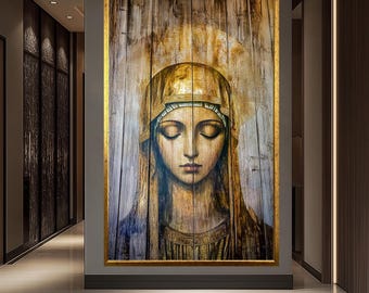 Virgin Mary Canvas - Madonna Wall Art – Sacred Virgin Mary Icon Print – Gold Halo Christian Canvas – Rustic Religious Home Decor