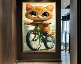Skurrile Katze, Kunstdruck auf Fahrrad, verspieltes Kätzchen