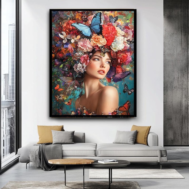 Floral Butterfly Woman Portrait Art, Colorful Nature-inspired Canvas ...