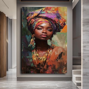 Vibrant African Woman Portrait Canvas, Colorful Ethnic Art Print,Bold Cultural Wall Decor,Modern Bohemian Artwork for Living Room or Bedroom
