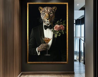Canvastavla Leopardporträtt - Surrealistisk djurkonst, Modern väggdekor, Lyxig canvastavla - Väggkonst
