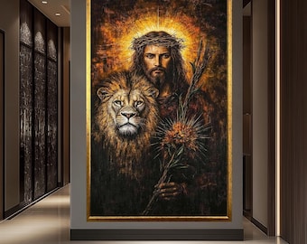 Lion of Judah Jesus Portrait | Crown of Thorns Christian Wall Art | Powerful Prophetic Religious Artwork | Spiritual Home Decor Print