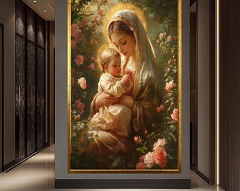 Holy Mother and Child in Rose Garden – Sacred Love and Warmth – Tender Embrace Religious Wall Art – Spiritual Virgin Mary and Baby Jesus Art