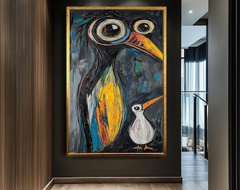 Abstract Bird Painting, Colorful Expressionist Animal Art, Whimsical Wall Decor