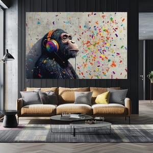 Colorful Monkey with Headphones Canvas Print, Modern Pop Art Wall Decor, Large Vibrant Animal Art, Fun Music-Themed Artwork for Living Room image 5
