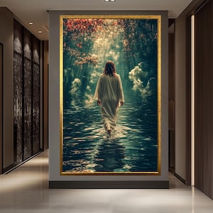 Jesus Walking on Water Art Print – Spiritual Canvas Wall Decor – Heavenly Light Christian Painting – Faith Inspired Home Art Gift