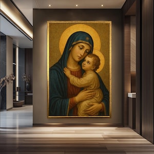 聖母マリアと幼子イエスのアイコン – 聖母子のキャンバス – カトリックの壁アート – キリスト教の宗教的装飾 – 聖母子のプリント