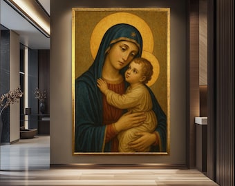 Virgin Mary and Baby Jesus Icon – Holy Mother and Child Canvas – Catholic Wall Art – Christian Religious Decor – Madonna and Child Print
