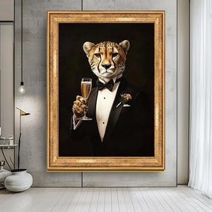 Quadro de parede com guepardo de smoking, retrato sofisticado de animal, impressão em tela elegante de vida selvagem, decoração de luxo para casa, arte de parede moderna de grandes dimensões.