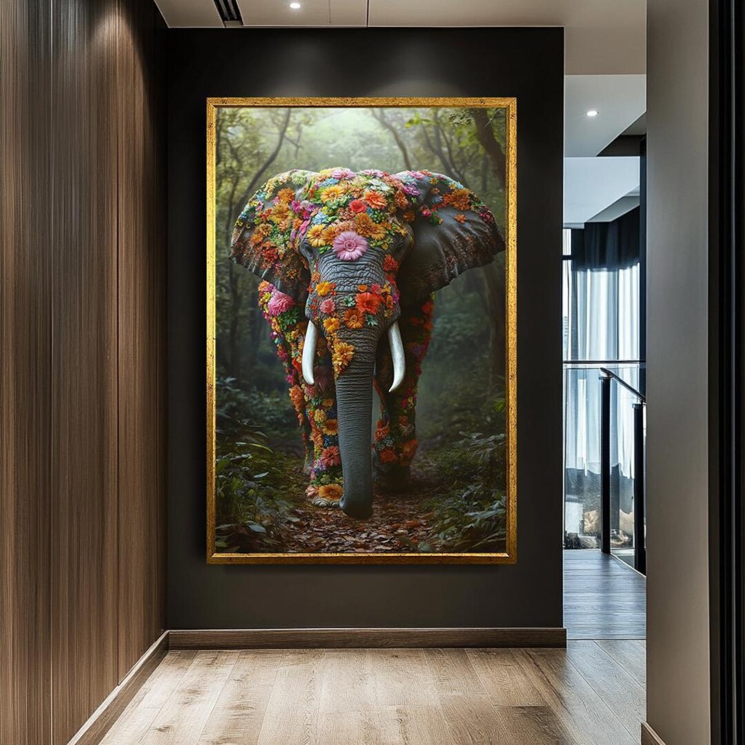 Floral Elephant Canvas Art, Majestic Jungle Animal Print, Whimsical ...