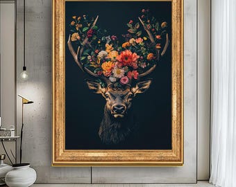 Floral Deer Head Canvas Wall Art, Nature-Inspired Decor with Flowers and Antlers, Modern Rustic Artwork for Living Room, Ready to Hang