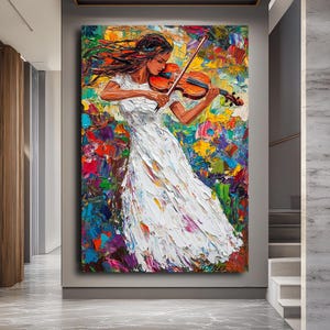 Colorful Violinist Canvas Art, Abstract Woman Playing Violin, Large Musician Painting for Living Room, Bold Textured Wall Art Decor