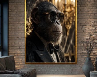 Cool Chimp in Tuxedo Canvas | Funny Animal Wall Art | Stylish Monkey Print | Quirky Modern Home Decor | Pop Culture Statement Piece