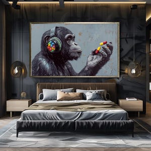 Monkey Headphones Wall Art | Cool Urban Chimp with Pills Canvas Print | Modern Pop Art Animal Wall Decor | High Quality  | Ready to Hang