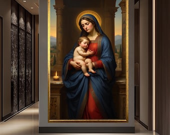 Virgin Mary and Baby Jesus Canvas Print – Holy Mother Religious Wall Art – Sacred Christian Icon Home Decor – Catholic Faith Gift