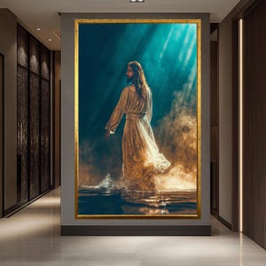 Jesus Walking on Water Canvas – Divine Light Religious Wall Art – Christian Home Decor, Spiritual Gift, Faith-Inspired Artwork