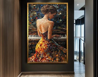 Canvaskunst elegante pianist – muurdecoratie vrouw pianospelen, kleurrijke mozaïekstijl kunstafdruk, woondecoratie muziekliefhebber
