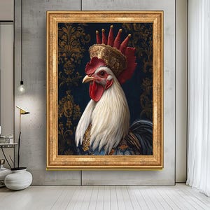 Königliches Hahn Porträt Wandkunst - Majestätisches Huhn in königlicher Kleidung Leinwanddruck - Wunderliches barockes Tierdekor, einzigartiges Bauernhaus Kunstwerk
