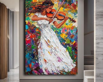 Quadro su tela con violinista dai colori vivaci, donna astratta che suona il violino, grande dipinto di musicista per il soggiorno, decorazione murale audace e materica