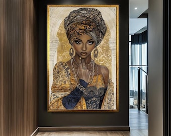 May include: A framed portrait of a woman wearing a gold and black turban, gold earrings, and a gold necklace. The woman is wearing a gold and blue dress. The background is a light yellow color with an arch design.