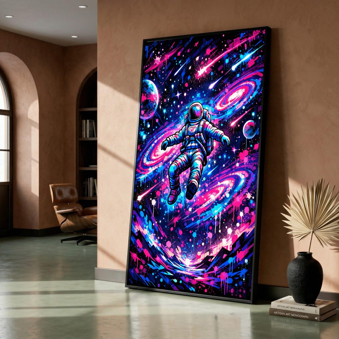 Cosmic Astronaut Floating, Neon Space Canvas Wall Art, Galaxy Galaxy ...