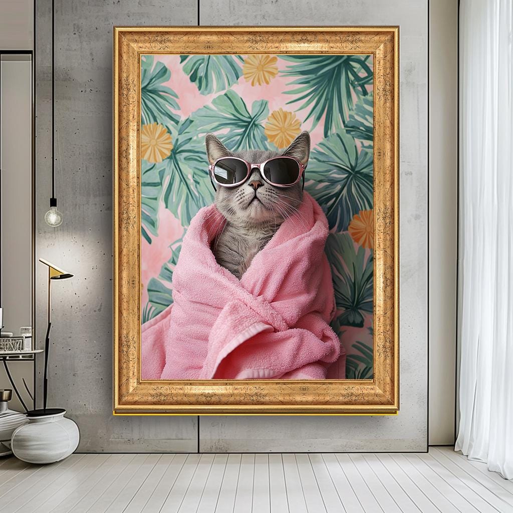 Cool Cat Wall Art, Funny Cat in Sunglasses Canvas, Quirky Animal Art, Pink Robe Kitty Portrait, Playful Cat Decor for Living Room