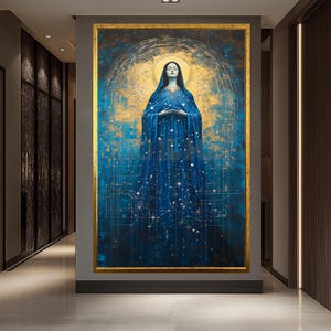 Celestial Virgin Mary Art – Starry Night Madonna Print – Holy Mother Cosmic Wall Decor – Mystical Catholic Home Canvas