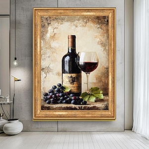 Weinflasche und Trauben Wandkunst, Elegante Wein Leinwand, Vintage Wein Kunst Dekor, Klassische Stillleben Malerei, Rustikale Küche oder Bar Dekor