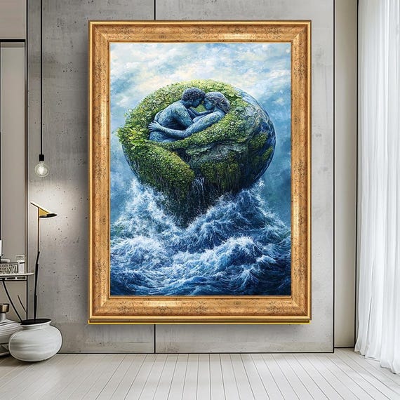 Nature Lovers Embrace Canvas Print - Romantic Earth and Water Artwork - Symbolic Wall Art for Living Room, Bedroom, or Meditation Space