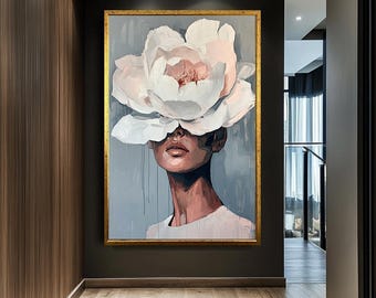 Abstrakte Frau Blumen Leinwand Kunst, moderne weibliche Porträt Malerei, Blumenwanddekor