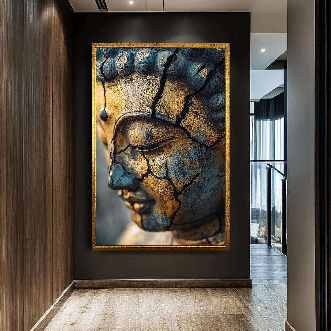 Cracked Gold Buddha Face Canvas Art | Rustic Zen Meditation Print - Etsy