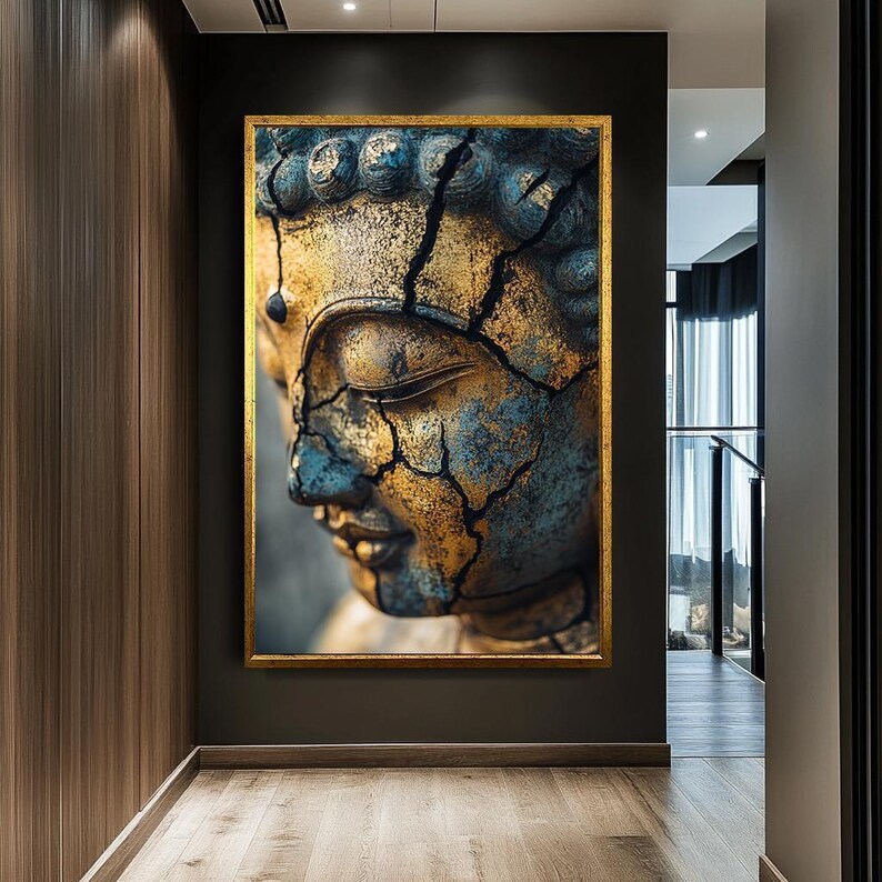 Cracked Gold Buddha Face Canvas Art | Rustic Zen Meditation Print - Etsy