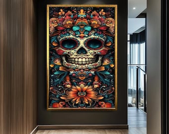 Colorful Sugar Skull Canvas Art | Day of the Dead Floral Decor | Mexican Folk Art Print | Vibrant Skull with Flowers | Boho Wall Art