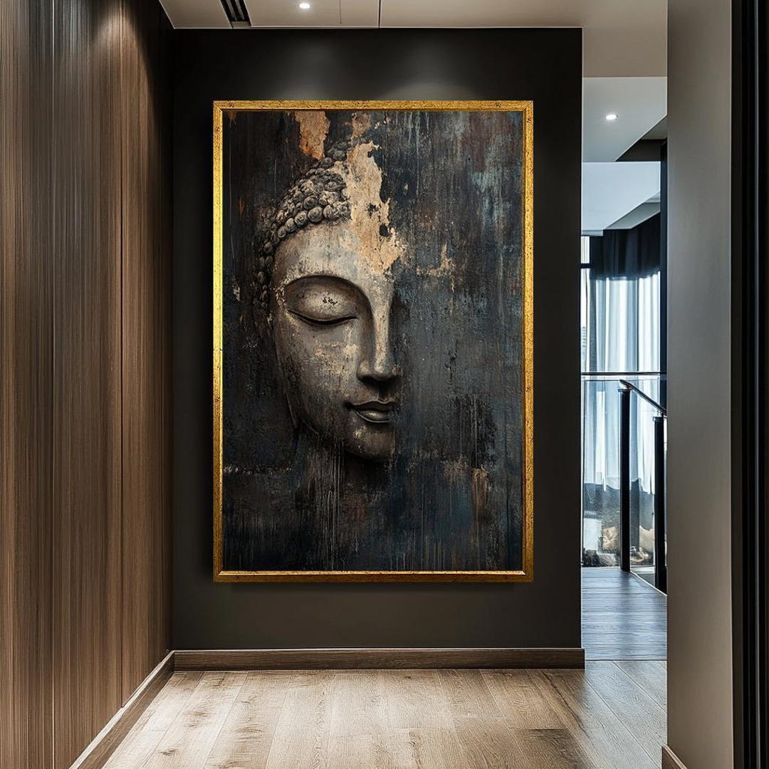 Zen Buddha Face Canvas Print – Rustic Spiritual Asian Decor, Serene ...
