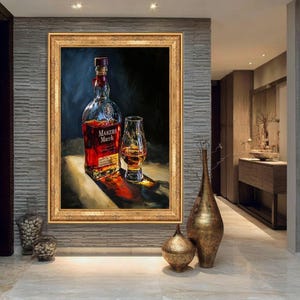 May include: A framed painting of a bottle of Maker's Mark bourbon and a glass of whiskey. The bottle is red and clear, with a red wax seal. The glass is filled with amber liquid, casting a shadow on the table.