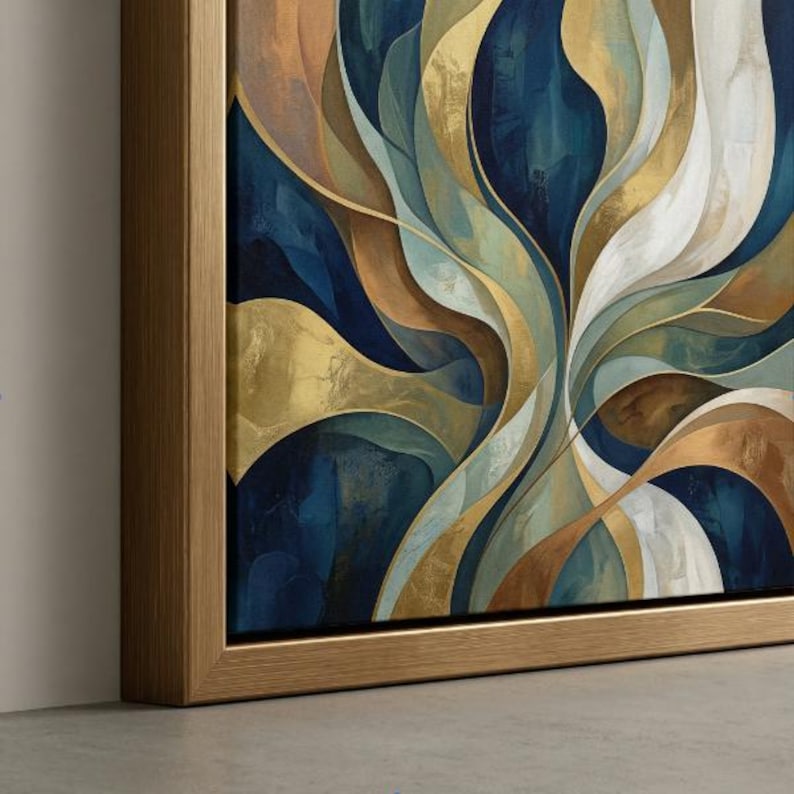 an abstract painting with a vibrant mix of blue, gold, and white colors, creating a dynamic and visually striking composition.