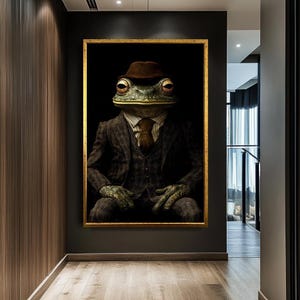 Anthropomorphic Frog in Suit Wall Art – Vintage Style Animal Portrait Canvas Print