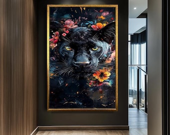Black Panther with Floral Accents Canvas Print, Bold Wildlife Wall Art, Vibrant Animal Portrait for Modern Home Decor